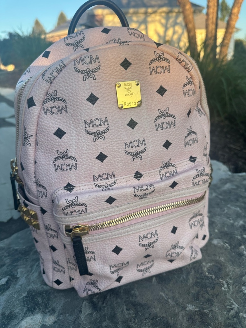 MCM Pink Visetos Mini Backpack with Gold Hardware